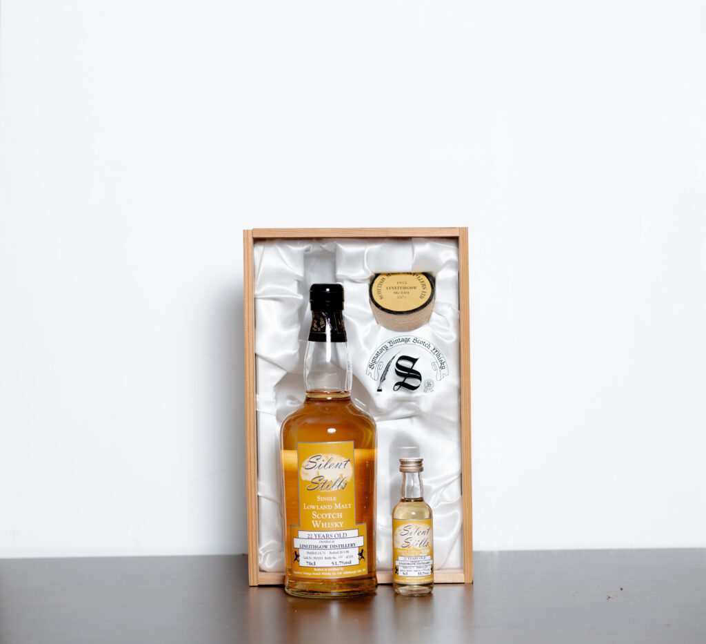 Linlithgow (St. Magdalene) 1975 22 Year Old “Silent Stills” – Single Malt Scotch Whisky, 70cl + 5cl Mini, 51.7% ABV (Cask #96/3/01, 335 Bottles) – With Presentation Box & Barrel Bung