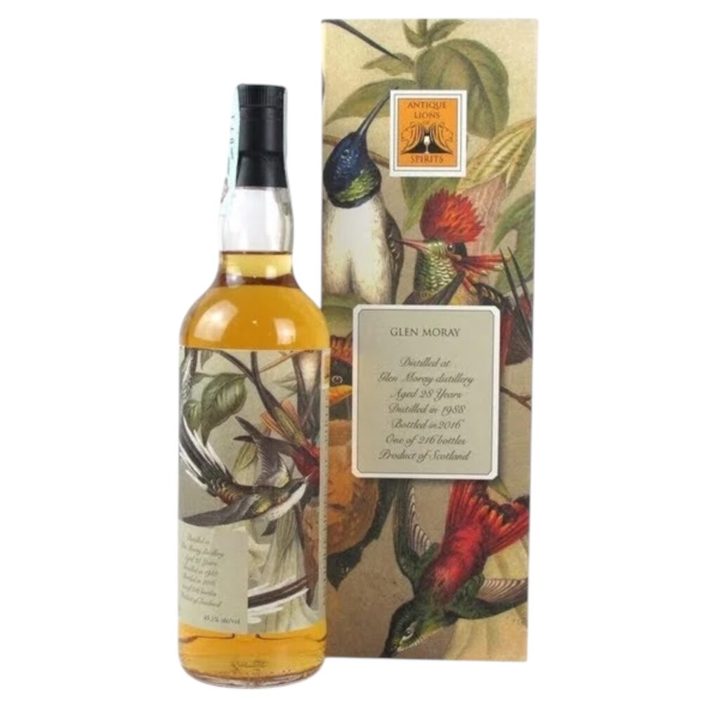 Glen Moray – 28 YEARS OLD ANTIQUE LIONS OF SPIRITS THE BIRDS 45.1% 1988